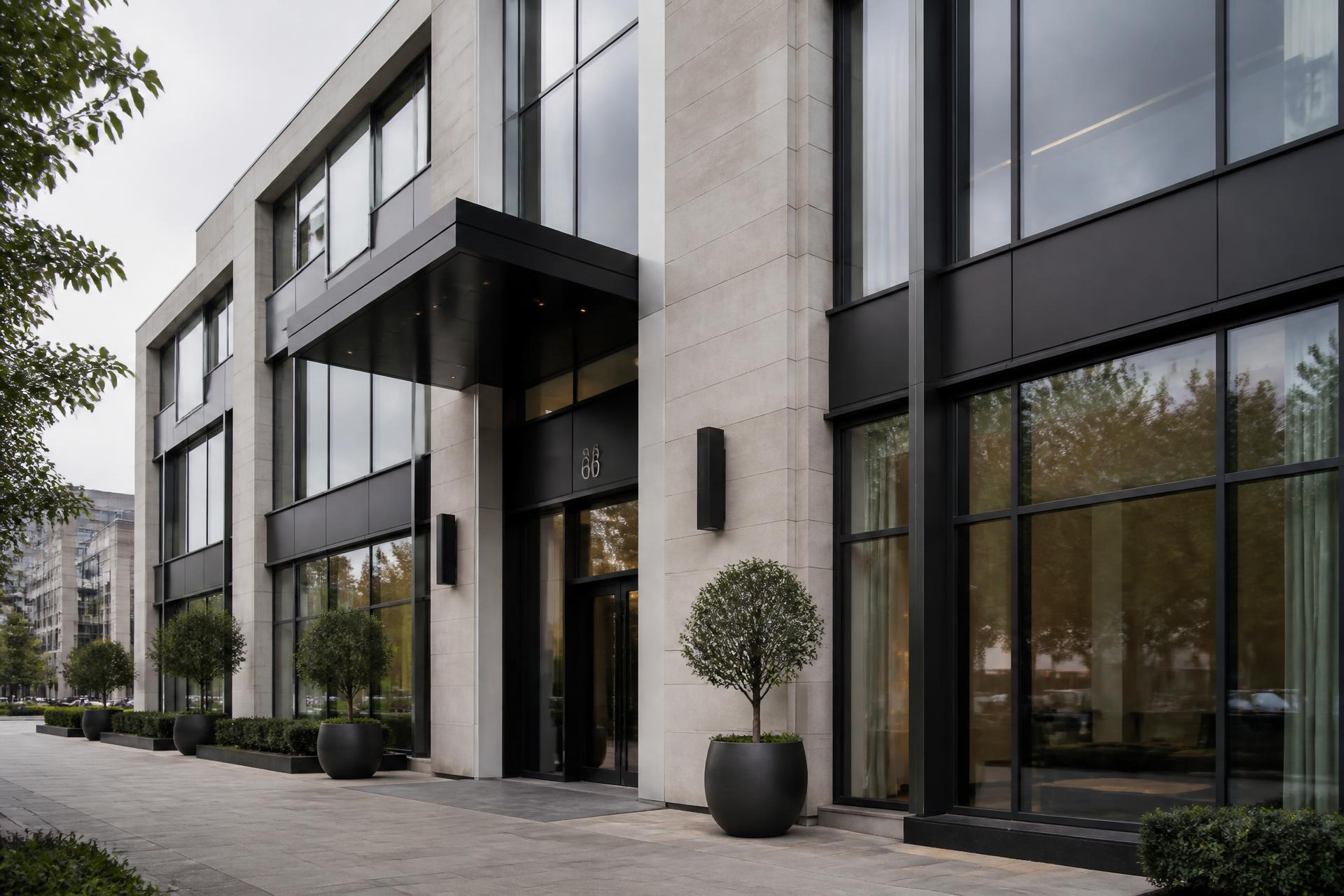 Modern commercial building facade in stone and glass